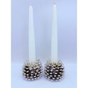 Vintage Poly Resin Pine Cone Candle Holders Silver 1998 by Autumn Accents